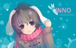  animal_ears brown_hair bunny_ears coat inaba_tewi junejevons plaid plaid_scarf red_eyes scarf short_hair solo touhou 