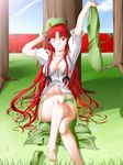  bad_id bad_pixiv_id barefoot blue_eyes braid breasts china_dress chinese_clothes cleavage dress feet highres hong_meiling large_breasts legs long_hair niwatazumi red_hair shirt shoes_removed solo touhou twin_braids vest vest_removed 