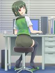  ass computer corded_phone desk from_behind green_hair headset idolmaster idolmaster_(classic) keyboard_(computer) looking_back mole mole_under_mouth mouse_(computer) muhi11234 otonashi_kotori pencil_skirt phone red_eyes sitting skirt slippers solo thighhighs 