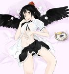  black_hair black_wings breasts eating food hat keisan large_breasts looking_at_viewer midriff noodles open_mouth ribbon see-through shameimaru_aya shirt short_hair skirt solo tokin_hat touhou wings 