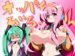  blush breast_envy breast_lift breasts breasts_apart detached_sleeves green_hair hairband hatsune_miku highres huge_breasts long_hair looking_at_breasts megurine_luka multiple_girls nipples oborotsuki_kakeru open_clothes open_shirt pink_eyes pink_hair puffy_nipples shirt small_breasts translated twintails vocaloid 