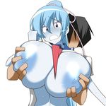  aoi_(gegege_no_kitarou) areolae black_hair blue_hair blue_skin breast_grab breasts gegege_no_kitarou grabbing hair_between_eyes huge_breasts large_areolae long_hair makarou nipples open_mouth ponytail school_uniform serafuku solo_focus sweat topless 