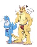  anthro bulge canine clothing dragon drakonika123 duo jockstrap kemono male male/male mammal muscular muscular_male open_mouth penis_outline scalie size_difference underwear yawn 