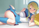  ass blonde_hair blue_eyes blush cheerleader hairband heroman kazuma_muramasa kneehighs legs lina_davis lying no_panties on_side pom_poms skirt skirt_lift socks solo sweatdrop twintails 