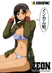  blush bra breasts brown_eyes brown_hair cleavage gundam gundam_lost_war_chronicles headset kitahara_aki large_breasts legs lingerie open_clothes open_shirt panties shirt short_hair solo translation_request underwear yuki_nakasato zeon 