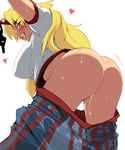  ario ass blonde_hair blush breasts from_below heart horn hoshiguma_yuugi impossible_clothes impossible_shirt large_breasts long_hair looking_back naughty_face no_panties red_eyes see-through shirt skirt skirt_pull solo sweat touhou 
