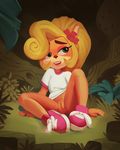  2017 4_fingers anthro bandicoot blonde_hair bottomless breasts clothed clothing coco_bandicoot crash_bandicoot_(series) detailed_background digital_media_(artwork) eyelashes female flower fridge_(artist) fur green_eyes hair hair_over_eye half-closed_eyes jungle lipstick makeup mammal marsupial open_mouth orange_fur plant presenting presenting_pussy pussy raised_eyebrows running_shoes shirt sitting smile solo spread_legs spreading t-shirt video_games young 