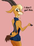  2017 antelope anthro biped black_horn blonde_hair blue_clothing bottomless brown_eyes butt clothed clothing confusion dialogue digital_drawing_(artwork) digital_media_(artwork) dipstick_tail disney ears_back english_text eyelashes female fluffy fluffy_tail frown gazelle gazelle_(zootopia) hair hooved_fingers horn humor looking_at_butt looking_at_self looking_back mammal multicolored_tail orange_body pink_background pink_nose portrait rear_view simple_background slim small_waist solo solratic standing sweater tan_body text three-quarter_portrait two_tone_body virgin_killer_sweater voluptuous zootopia 