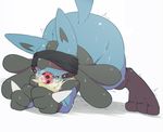  all_fours ambiguous_gender ass_up ball_gag blindfold blue_fur blush breath breathable_gag fur gag kimubota lucario nintendo nude pok&eacute;mon raised_tail shaking solo sweat video_games 