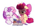  2017 alpha_channel apple_bloom_(mlp) bobdude0 book duo earth_pony equine female feral friendship_is_magic frown hair horn horse lying mammal multicolored_hair my_little_pony pony purple_hair simple_background sweetie_belle_(mlp) transparent_background two_tone_hair unicorn young 