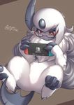  2017 absol absurd_res ambiguous_gender eyewear featureless_crotch feline feral glasses hi_res lying mammal nintendo nintendo_switch on_back pok&eacute;mon solo_focus spread_legs spreading video_games zinfyu 