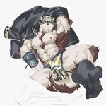  2017 abs anthro biceps canine clothing digital_media_(artwork) dubudubudubudub fur headband hi_res horkeukamui kemono loincloth male mammal multicolored_fur muscular muscular_male nipples pecs simple_background solo tokyo_afterschool_summoners white_fur wolf 