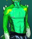  2017 abs anthro belt cetacean clothed clothing cyan_skin dolphin dragon faceless_male facing_viewer fin fish front_view gradient_background green_skin hand_in_pocket hand_on_hip hi_res hybrid idoodle2draw jeans male mammal marine markings multicolored_skin muscular muscular_male nipples pants pecs scalie seductive shark simple_background solo standing sweat teal_background topless vasciel_aplisto white_skin yellow_skin 