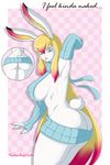  2017 anthro anus armwear bare_back big_breasts blonde_hair blue_eyes border breasts butt close-up clothed clothing detached_sleeves female fur hair hi_res lagomorph long_hair looking_down lully_pop mammal multicolored_hair nipples open_mouth pattern_background pussy rabbit raised_arm side_boob side_view simple_background smile solo standing sweater text tongue virgin_killer_sweater white_border white_fur yamiikarus 