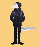  2014 anthro beanie biped black_bottomwear black_clothing black_topwear blue_body blue_hair blue_tail boots clothed clothing countershade_face countershade_tail countershading deaglen deaglen_(fursona) digital_drawing_(artwork) digital_media_(artwork) dinosaur fangs footwear front_view full-length_portrait hair hands_in_pockets hat hoodie long_tail looking_away male orange_background pants pink_nose portrait raptor short_hair simple_background smile snow snowing solo spiked_tail standing steam theropod two_tone_body two_tone_tail white_body white_countershading white_tail 