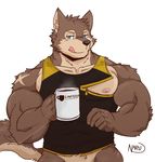  2017 anthro beverage biceps bottomless canine clothed clothing coffee dog fur kemono male mammal muscular muscular_male naruever nipples shirt simple_background solo tank_top 