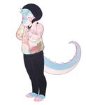  2015 3_fingers 3_toes anthro barefoot beanie biped blue_body blue_hair blue_tail blush clothing countershade_face countershade_tail countershading deaglen deaglen_(fursona) digital_drawing_(artwork) digital_media_(artwork) dinosaur eyes_closed fingerless_(marking) front_view full-length_portrait hair hat holding_face long_tail looking_down male multicolored_body pants pink_body portrait raptor shirt short_hair shy simple_background solo spiked_tail standing theropod toeless_(marking) toes two_tone_tail white_background white_body white_tail 