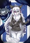  &lt;3 blue_fur blush canine caprine chest_tuft clothing eyewear female fur glasses headphones headset hoodie kindred_(lol) lamb_(lol) league_of_legends mammal markings mask purple_eyes riot_games saliva simple_background smile text tongue tongue_out tuft video_games white_fur white_panties wolf wolf_(lol) 傲嬌病魔兔_(artist) 