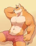  2017 abs anthro biceps big_muscles blue_eyes brown_fur canine chest_tuft claws clothed clothing dog fur hi_res leo_albicans male mammal muscular muscular_male otake pecs solo topless tuft 