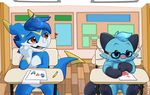  2017 blue_fur blue_hair blue_scales classroom cute detailed_background dewott digimon digital_media_(artwork) dragon duo eyewear fan_character fur glasses hair hi_res kai_the_dewott lizard love_letter male mammal markings mustelid nintendo niu-ka open_mouth otter pok&eacute;mon red_eyes reptile scales scalie school vee4eva veemon video_games yami_(character) yami_the_veemon 