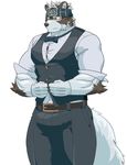  2017 anthro canine clothing fur headband hi_res horkeukamui kemono loincloth male mammal multicolored_fur muscular muscular_male rossi_thukigata solo tokyo_afterschool_summoners white_fur wolf 