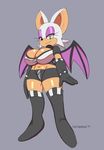  2017 4_fingers alternate_costume anthro bat big_breasts boots breasts cleavage clothed clothing digital_media_(artwork) female footwear gloves green_eyes gym_shorts half-closed_eyes josieokami looking_at_viewer mammal navel rouge_the_bat shorts smile solo sonic_(series) standing tight_clothing zipper 