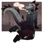  2017 alligator alternate_form ankh anthro anthrofied bea_(nitw) biped black_clothing black_topwear breasts choker cigarette claws clothing countershade_face countershade_tail countershade_torso countershading crocodilian dark_theme deaglen digital_drawing_(artwork) digital_media_(artwork) dress eyelashes fangs female footwear goth green_body green_tail grey_background grey_body grey_claws grey_clothing grey_countershading grey_legwear grey_stripes grey_tail grey_theme holding_object hoodie humanoid_hands legwear long_tail looking_away night_in_the_woods non-mammal_breasts red_eyes reptile scalie shoes simple_background sitting slightly_chubby small_breasts smile smoking sneakers solo spiked_tail spikes stockings striped_body stripes suspended_in_midair torn_clothing torn_legwear torn_stockings two_tone_body two_tone_tail video_games voluptuous white_background wide_hips yellow_sclera 