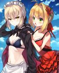  40_(0f0urw) :/ :o ahoge apron artoria_pendragon_(all) artoria_pendragon_(swimsuit_rider_alter) bangs blonde_hair blue_sky blush breasts closed_mouth cloud cloudy_sky collarbone day dress dress_swimsuit eyebrows_visible_through_hair fate/extra fate/grand_order fate_(series) flower frilled_apron frills hair_flower hair_intakes hair_ornament hair_ribbon highres hood hoodie jitome looking_at_another maid_headdress medium_breasts modern_costume_of_crimson multiple_girls navel nero_claudius_(fate) nero_claudius_(fate)_(all) one-piece_swimsuit open_clothes open_hoodie open_mouth red_dress red_flower red_swimsuit ribbon sidelocks sky small_breasts swimsuit upper_body v-shaped_eyebrows waist_apron yellow_eyes 