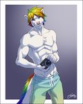  2017 5_fingers abs anthro blue_eyes camera clothed clothing feralise fur hair holding_object looking_at_viewer male mammal multicolored_hair muscular muscular_male pants pink_nose rainbow_hair simple_background skunk smile solo standing topless white_fur 