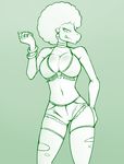  2017 absurd_res afro anthro bracelet breasts cleavage clothed clothing crocodilian cutoffs denim_shorts donkey_kong_(series) female hair hi_res jewelry kalypso kremling legwear looking_at_viewer marik_azemus34 monochrome navel nintendo reptile scalie shorts simple_background solo stockings torn_clothing video_games 