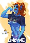  2016 alphys anthro big_breasts breasts clothed clothing clothing_lift duo eye_patch eyewear fangs female fish gills hair lizard marine red_hair reptile scalie simple_background snaleping solo_focus sweat undertale underwear undressing undyne video_games 