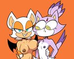  anthro bat big_breasts blaze_the_cat blue_eyes breast_size_difference breasts cat eyelashes feline forehead_gem frown fur grin mammal miscon nipples nude orange_background purple_fur rouge_the_bat simple_background small_breasts smile sonic_(series) sweat yellow_eyes 