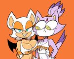  anthro bat big_breasts blaze_the_cat blue_eyes breast_size_difference breasts cat cleavage clothed clothing eyelashes feline forehead_gem frown fur grin hooters mammal midriff miscon orange_background purple_fur rouge_the_bat simple_background small_breasts smile sonic_(series) sweat yellow_eyes 