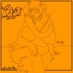  2017 5_fingers anthro arm_tuft bedding bedroom_eyes belly big_breasts biped black_and_orange border braided_hair breasts buxbi_(character) character_name chest_tuft claws crossed_legs digital_drawing_(artwork) digital_media_(artwork) english_text feline female front_view hair half-closed_eyes huge_breasts humanoid_hands inner_ear_fluff leg_tuft line_art long_hair long_tail looking_at_viewer mammal mane_hair mc_jojo monochrome nipple_piercing nipples nude open_mouth open_smile orange_border orange_theme outside_border overweight overweight_female piercing pinup portrait pose seductive side_braid signature sitting smile solo text three-quarter_portrait tiger tuft 