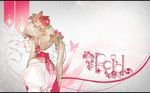  apple bad_id bad_pixiv_id bangs bare_shoulders blonde_hair choker dress flower food from_side fruit hair_flower hair_fruit hair_ornament highres juliet_sleeves long_hair long_sleeves neck_ribbon ohisashiburi original ponytail profile puffy_sleeves red_choker red_eyes ribbon ribbon_choker solo white_dress 