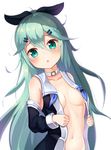  2drr :o bangs black_shirt blue_neckwear blush bow breasts choker collarbone commentary_request detached_sleeves eyebrows_visible_through_hair green_eyes green_hair hair_between_eyes hair_bow hair_flaps hair_ornament hairclip highres kantai_collection long_hair looking_at_viewer navel open_clothes open_mouth open_shirt shirt simple_background small_breasts solo tareme upper_body white_background yamakaze_(kantai_collection) 