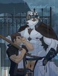 2017 abs anthro biceps canine clothing fur headband hi_res horkeukamui human kemono loincloth male mammal multicolored_fur muscular muscular_male nipples pecs rossi_thukigata simple_background tokyo_afterschool_summoners white_fur wolf 