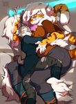  2017 5_fingers anthro anthro_on_anthro arm_tuft baseball_bat bea_(nitw) bed biped bird&#039;s-eye_view boots braided_hair brown_fur brown_stripes brown_tail cheek_tuft claws clothed clothing collaboration cosplay cuddling digital_drawing_(artwork) digital_media_(artwork) dipstick_tail dress duo embrace eyes_closed fangs feline female female/female footwear fur furgonomics glowing grey_fur grey_spots grey_tail hair heart_nose hi_res high-angle_view holding_object humanoid_hands inner_ear_fluff jeans kollerss leg_tuft lighting long_tail lynx mae_(nitw) maiz-ken mammal mane_hair multicolored_fur multicolored_hair multicolored_tail night_in_the_woods on_bed pants pink_hair pink_nose short_tail side_braid size_difference sleeping smile spots spotted_fur spotted_tail straddling striped_fur striped_tail stripes sunlight tail_button_bottoms tail_clothing tiger torn_leggings tuft two_tone_fur two_tone_hair white_claws white_fur white_hair white_tail yellow_fur yellow_tail zeha 
