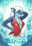  2017 anthro bctitan big_breasts blue_hair blue_skin breasts clothing dragon dress green_eyes grin hair hax hi_res ice long_hair multicolored_hair multicolored_skin navel pose red_dress saphire scalie smile traditional_media_(artwork) two_tone_hair two_tone_skin white_hair 