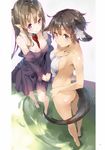  animal_ears ass barefoot between_breasts bow bowtie breasts brown_eyes brown_hair covering dress elbia_hernaiman elf foreshortening hand_between_breasts hand_on_own_chest highres jewelry legs long_hair multiple_girls myucel_foalan nude_cover off-shoulder_dress off_shoulder outbreak_company pointy_ears purple_eyes short_hair sidelocks standing tail towel twintails yuugen 