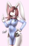  5_fingers absurd_res alternate_species anthro big_breasts big_thighs biped black_nose breasts brown_hair buckteeth clothed clothing d.va_(overwatch) digital_drawing_(artwork) digital_media_(artwork) eyelashes facial_markings female floppy_ears fluffy fluffy_tail furrification gloves grey_body grey_tail hair headband hi_res humanoid_hands kemono korean lagomorph legs_together long_hair looking_at_viewer mammal markings open_mouth open_smile overwatch pink_background pink_eyes pink_markings pointing pointing_up portrait rabbit short_tail signature simple_background skinsuit slim small_waist smile solo standing tailzkim teeth three-quarter_portrait tight_clothing video_games voluptuous wide_hips 