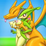  2017 ambiguous_gender anthro big_breasts blush breast_grab breast_milking breast_squeeze breasts chameloshi charizard duo erect_nipples eyes_closed female gradient_background hand_on_breast lactating legendary_pok&eacute;mon milk nintendo nipples pok&eacute;mon red_eyes signature simple_background smile tongue tongue_out video_games virizion 