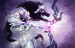  ambiguous_gender breasts chest_tuft featureless_breasts female female/ambiguous fur hair jazz_jack kindred_(lol) lamb_(lol) league_of_legends long_hair markings mask ranged_weapon riot_games tuft video_games weapon white_fur white_hair wolf_(lol) 