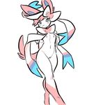  2017 anthro anthrofied biped black_nose blue_body blue_eyes blush breasts canine digital_drawing_(artwork) digital_media_(artwork) eeveelution eyelashes female front_view glacierclear hair hands_behind_back head_tilt heart_nose looking_at_viewer mammal markings multicolored_body navel nintendo nipples nude pink_body pink_hair pink_nipples pok&eacute;mon pok&eacute;morph portrait pussy ribbons short_hair simple_background slim small_breasts small_waist smile socks_(marking) solo standing sylveon tendrils three-quarter_portrait video_games voluptuous white_background white_body white_pussy 