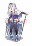  arm_support bare_shoulders black_legwear boots breasts cape crown detached_sleeves dress eyebrows_visible_through_hair gorget green_eyes grey_hair hand_on_hilt highres jewelry leaning_forward long_hair outbreak_company panties parted_lips pelvic_curtain petralka_anne_eldant_iii purple_panties side_slit sidelocks silver_hair sitting sleeves_past_wrists small_breasts solo strapless strapless_dress sword thighhighs underwear very_long_hair weapon white_panties yuugen 