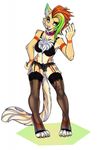  4_toes 5_fingers anthro breasts cat chest_tuft clothed clothing digital_media_(artwork) feline fur hair heterochromia mammal multicolored_hair open_mouth pink_nose rainbow_hair redcreator simple_background smile tan_fur teeth toes tongue tuft 