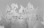  2017 anthro big_breasts blush breasts canine cleavage clothed clothing dress eyes_closed eyewear family female fox glasses greyscale group hair hand_on_head huge_breasts human mammal mature_female miko monochrome one_eye_closed open_mouth reimu_hakurei rimi_(triuni) sibling signature sisters skimpy smile sweater tongue tongue_out touhou triuni 