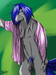  arrwulf avian blue_hair feathers grey_feathers hair penis pink_shirt relaxing uncut 