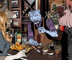  alcohol anthro bar beverage billmund cervine clothed clothing creatures_of_the_night deer feline female food group hi_res j&auml;germeister knife leopard licking licking_lips male mammal pig porcine snow_leopard standing tongue tongue_out 