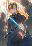  armor armored_dress bangs black_legwear black_ribbon blonde_hair blue_eyes blush braid capelet chain closed_mouth commentary_request dress fate/apocrypha fate_(series) flag gauntlets hair_ribbon headpiece highres holding holding_sword holding_weapon jeanne_d'arc_(fate) jeanne_d'arc_(fate)_(all) kawai long_hair ribbon sheath single_braid solo_focus standing sword thighhighs unsheathed very_long_hair weapon 